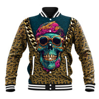 Teal multicolor skull baseball jacket with gold chain sleeves, snap front, striped cuffs