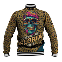 Multicolor skull graphic baseball jacket with gold chain pattern, striped collar and cuffs