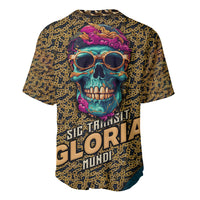 Baseball jersey with multicolor skull and glasses, gold chain pattern, graphic text.