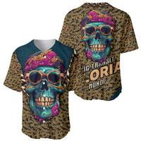 Baseball jersey shown front and back with teal skull, glasses, and gold chain pattern.
