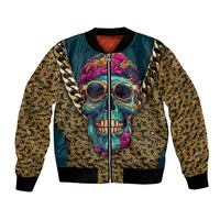 Unisex bomber jacket with teal skull print, laurel sleeves, front zipper and ribbed hem