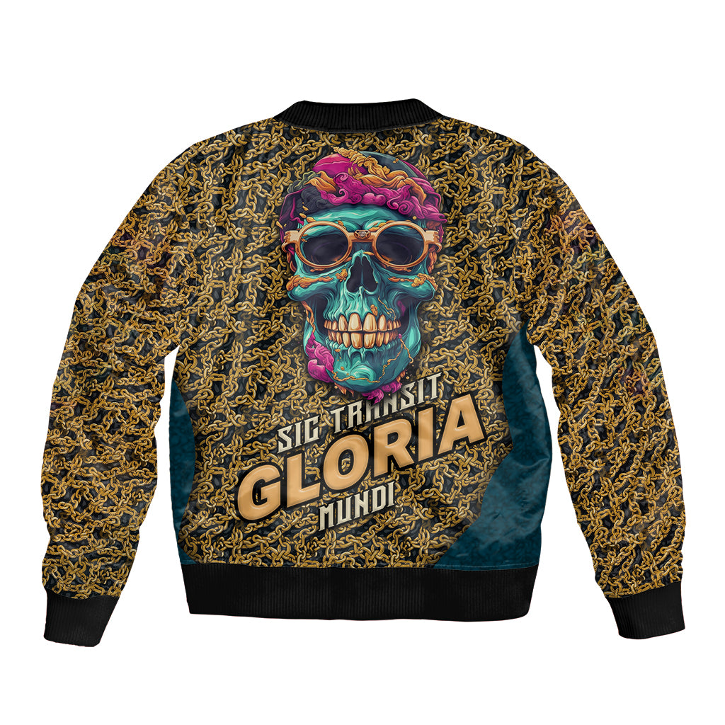 Unisex bomber jacket with gold chain pattern and colorful skull graphic, ribbed cuffs