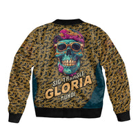 Unisex bomber jacket with gold chain pattern and colorful skull graphic, ribbed cuffs