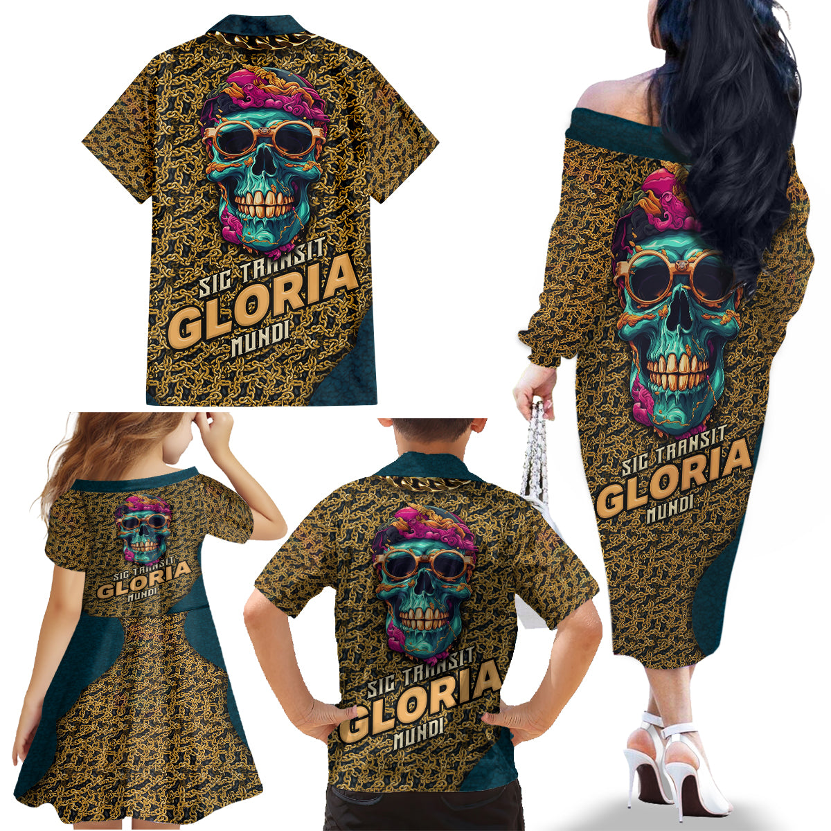 Skull Gang Family Matching Off Shoulder Long Sleeve Dress and Hawaiian Shirt Sic Transit Gloria Mundi - Wonder Print Shop