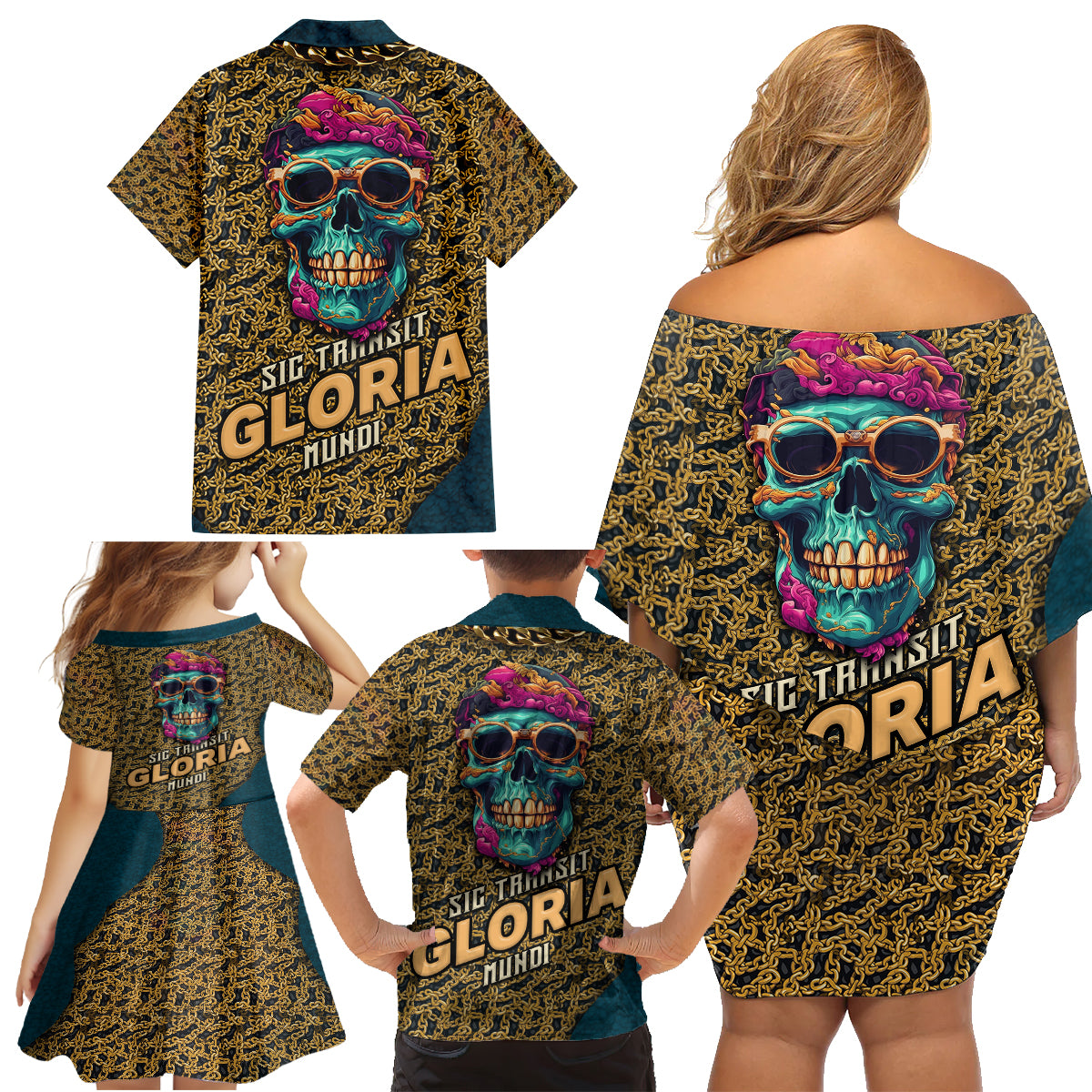 Skull Gang Family Matching Off Shoulder Short Dress and Hawaiian Shirt Sic Transit Gloria Mundi - Wonder Print Shop