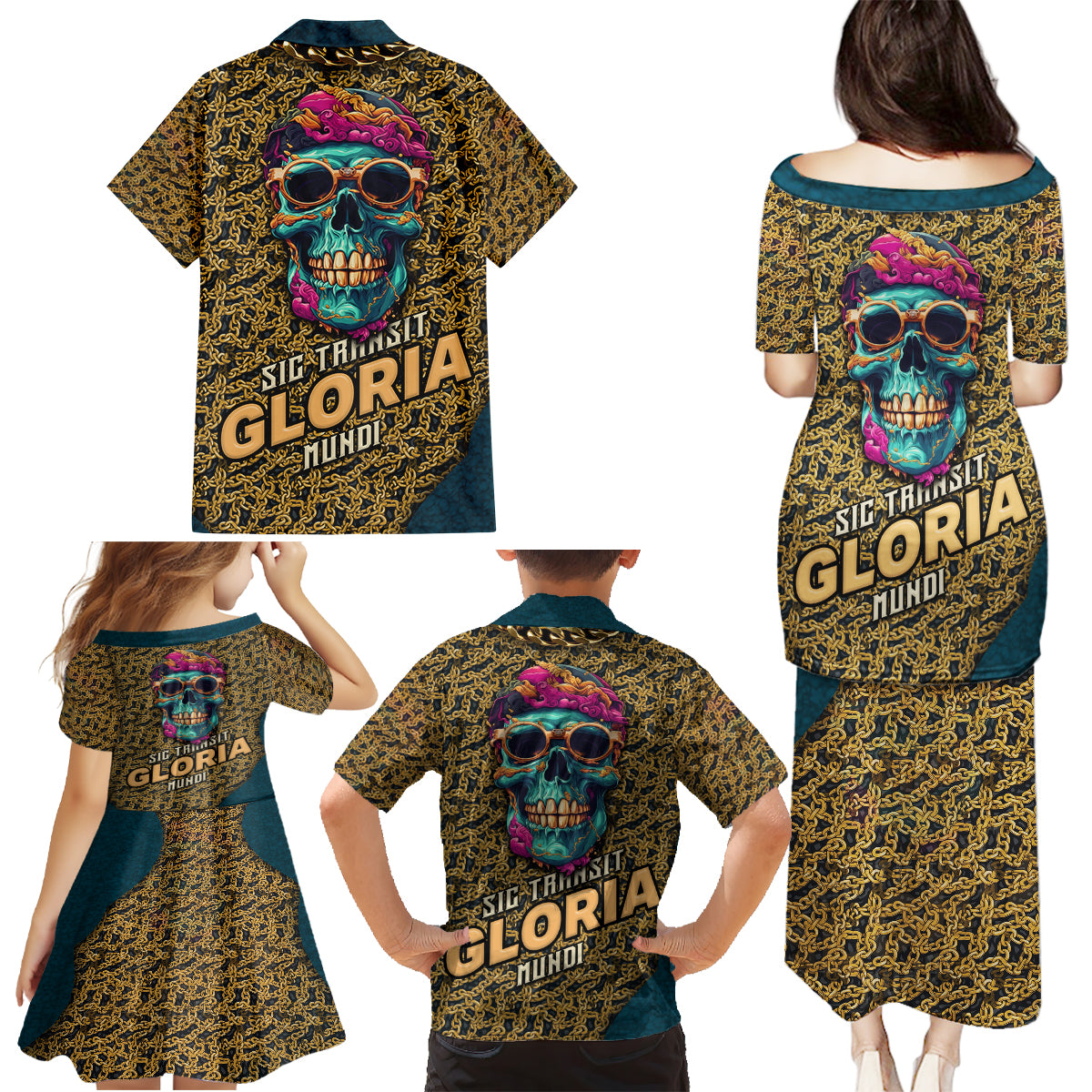 Skull Gang Family Matching Puletasi Dress and Hawaiian Shirt Sic Transit Gloria Mundi - Wonder Print Shop