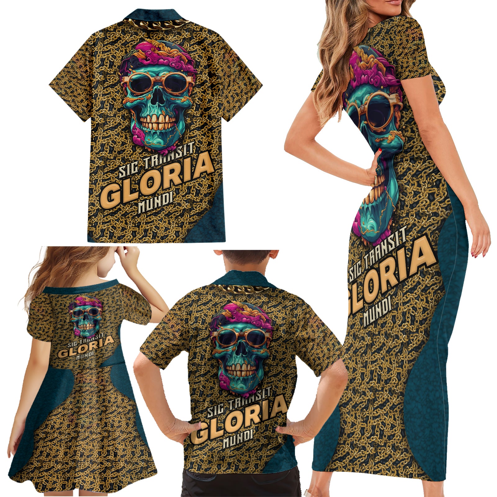 Skull Gang Family Matching Short Sleeve Bodycon Dress and Hawaiian Shirt Sic Transit Gloria Mundi - Wonder Print Shop