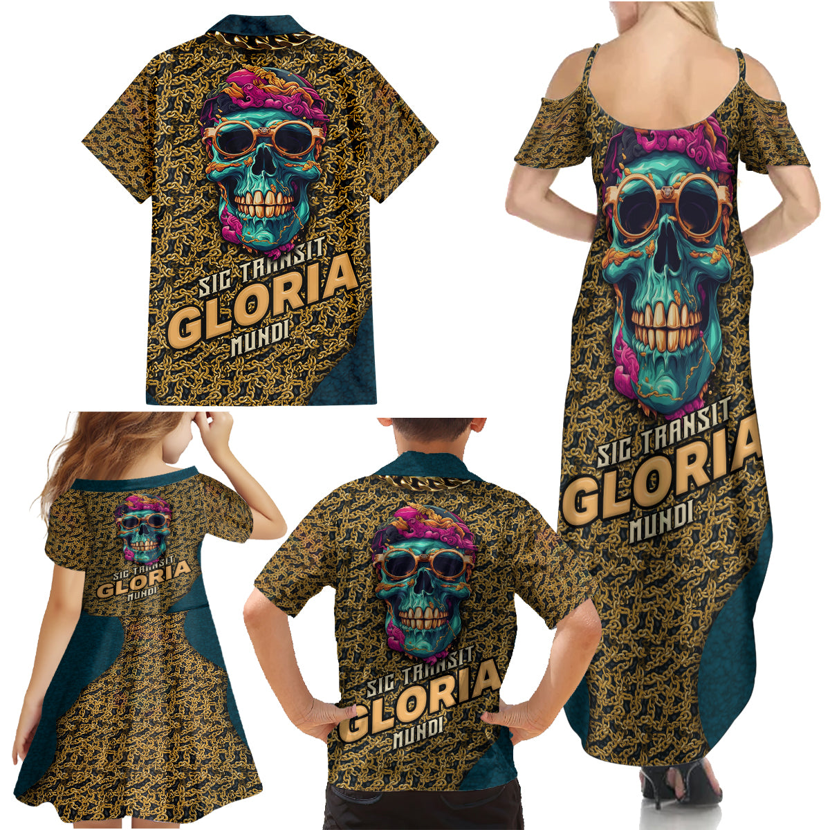 Skull Gang Family Matching Summer Maxi Dress and Hawaiian Shirt Sic Transit Gloria Mundi - Wonder Print Shop