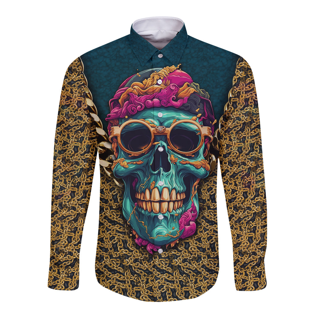 Long sleeve button-up shirt with teal skull graphic and gold chain sleeves, front view