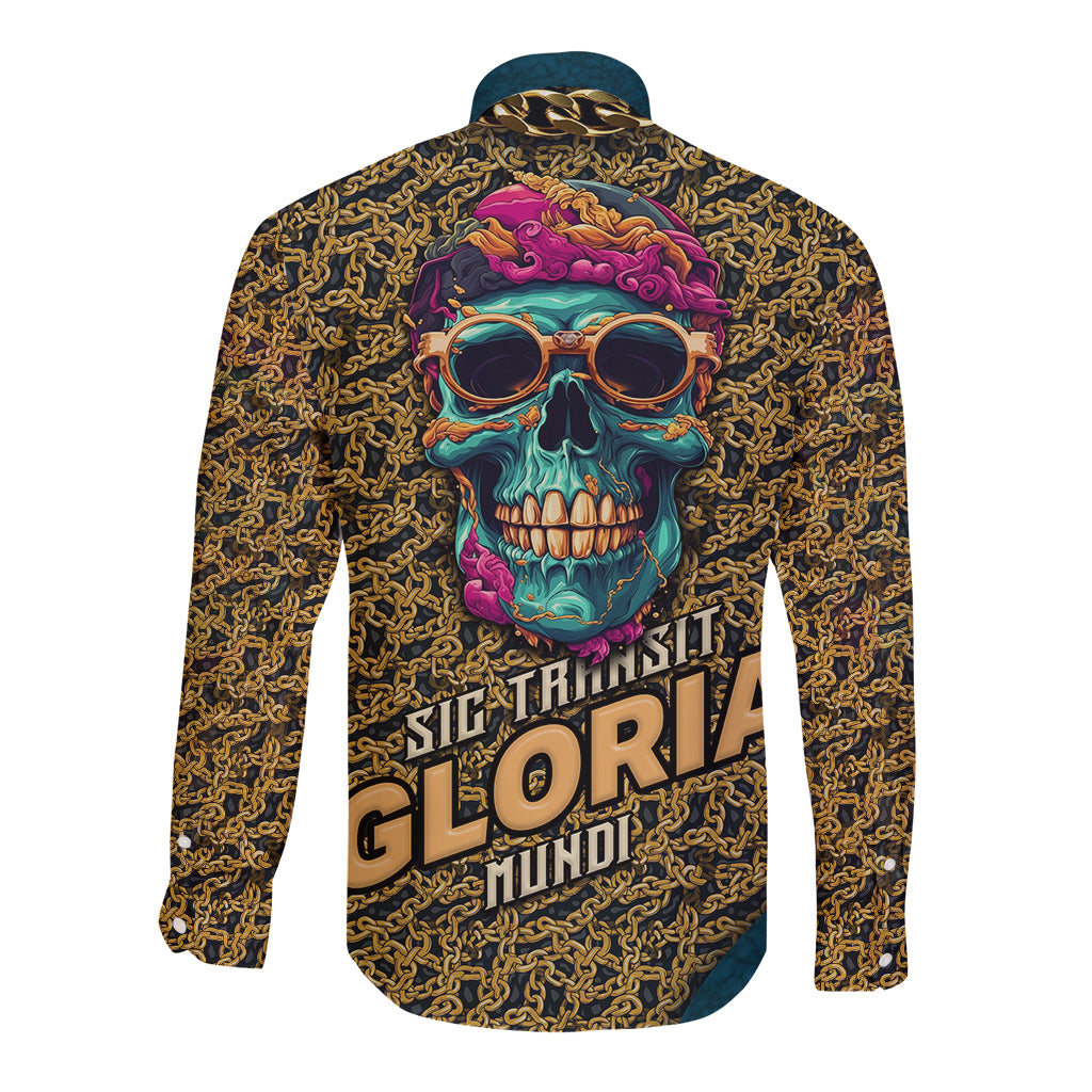 Long sleeve button-up shirt with gold chain pattern and colorful skull graphic, back view