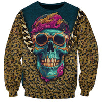 Unisex skull graphic sweatshirt, teal skull with gold chain sleeves and purple accents