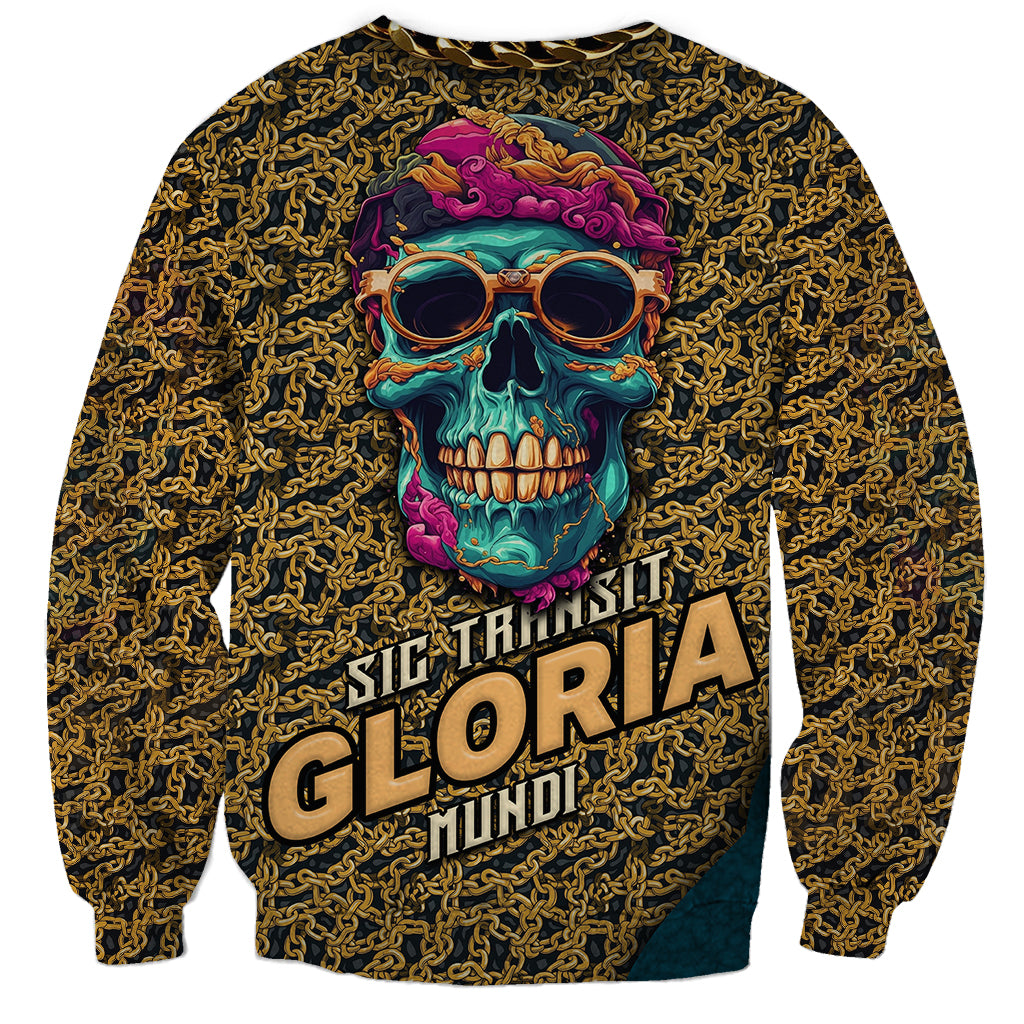 Unisex skull graphic sweatshirt, dark gold chain pattern and purple turquoise skull text