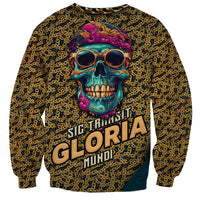 Unisex skull graphic sweatshirt, dark gold chain pattern and purple turquoise skull text