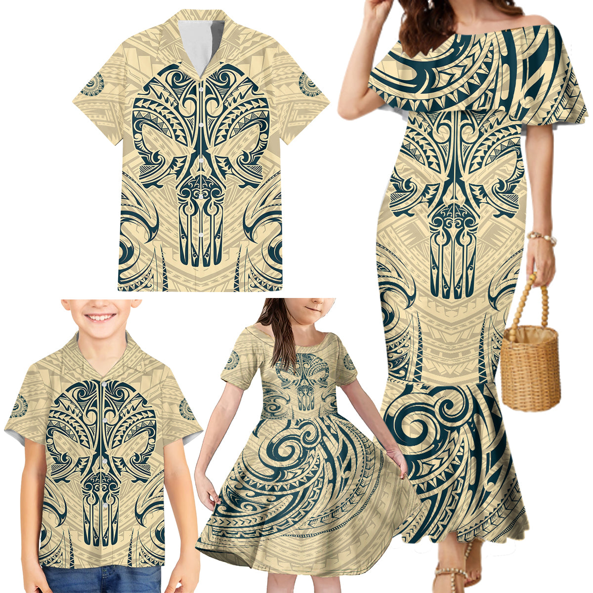 Polynesian Family Matching Mermaid Dress and Hawaiian Shirt Warrior Skull with Tribal Patterns Tattoo Design - Wonder Print Shop