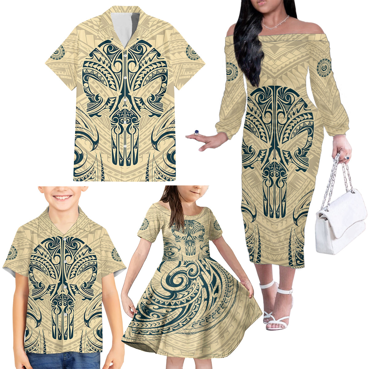 Polynesian Family Matching Off Shoulder Long Sleeve Dress and Hawaiian Shirt Warrior Skull with Tribal Patterns Tattoo Design - Wonder Print Shop