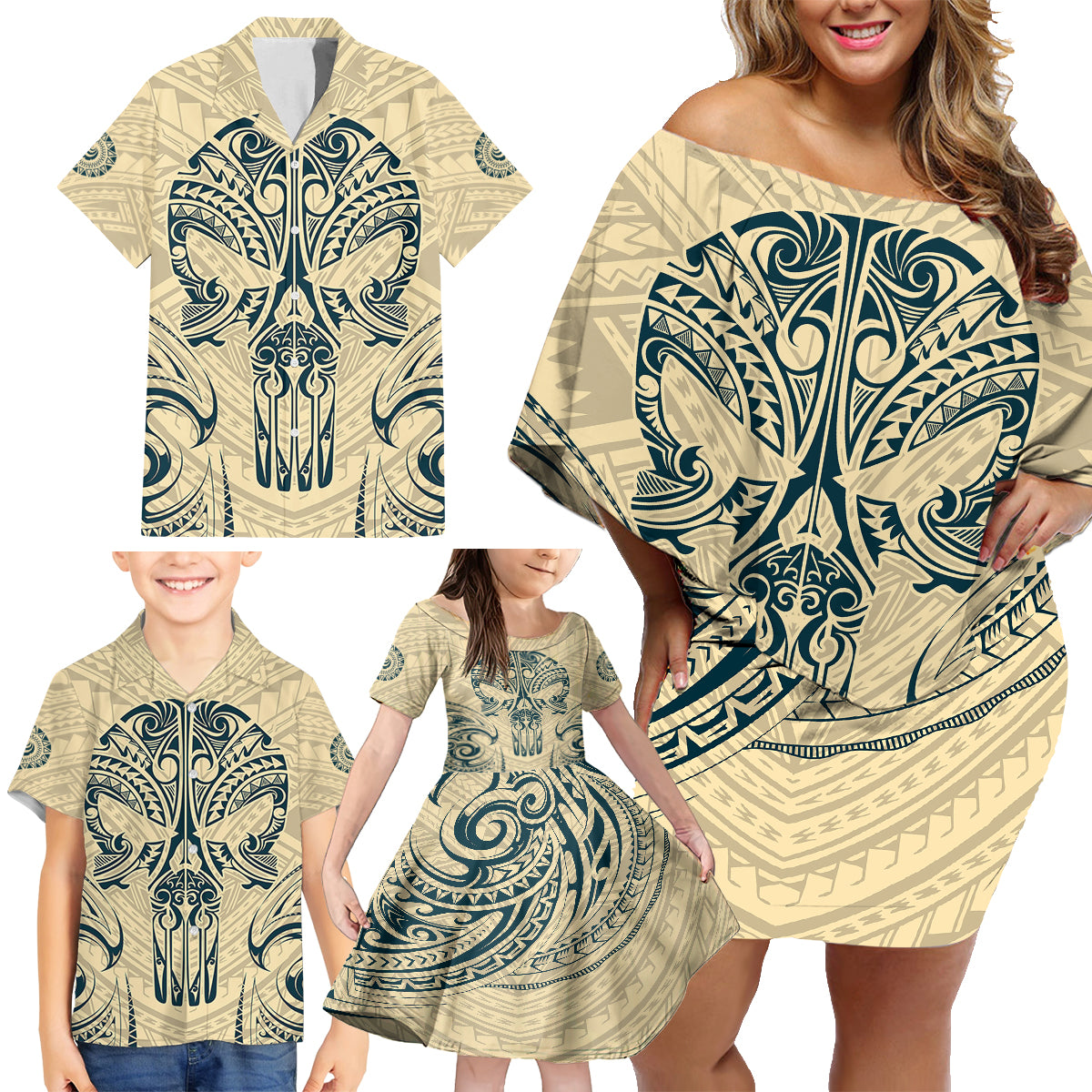 Polynesian Family Matching Off Shoulder Short Dress and Hawaiian Shirt Warrior Skull with Tribal Patterns Tattoo Design - Wonder Print Shop