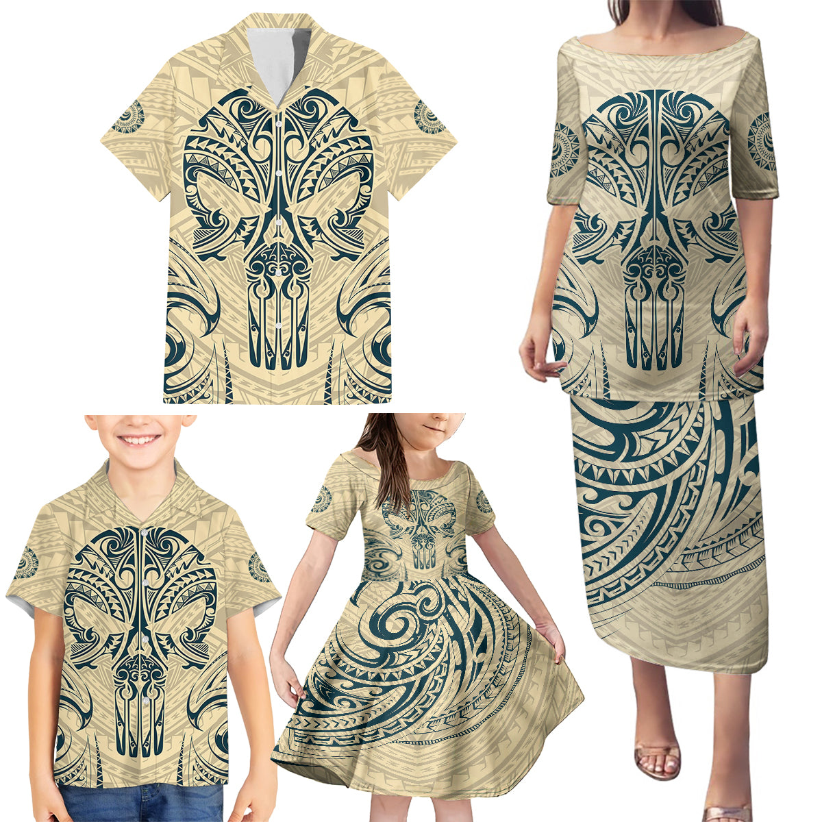 Polynesian Family Matching Puletasi Dress and Hawaiian Shirt Warrior Skull with Tribal Patterns Tattoo Design - Wonder Print Shop