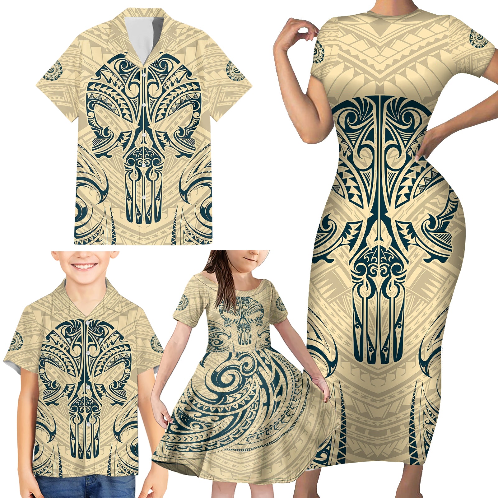 Polynesian Family Matching Short Sleeve Bodycon Dress and Hawaiian Shirt Warrior Skull with Tribal Patterns Tattoo Design - Wonder Print Shop