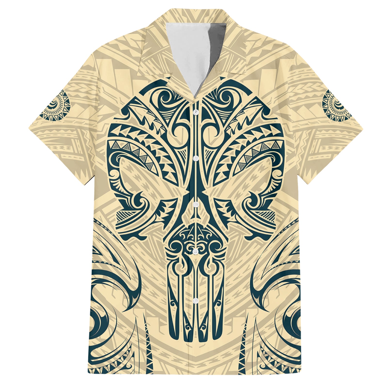 Polynesian Hawaiian Shirt Warrior Skull with Tribal Patterns Tattoo Design - Wonder Print Shop