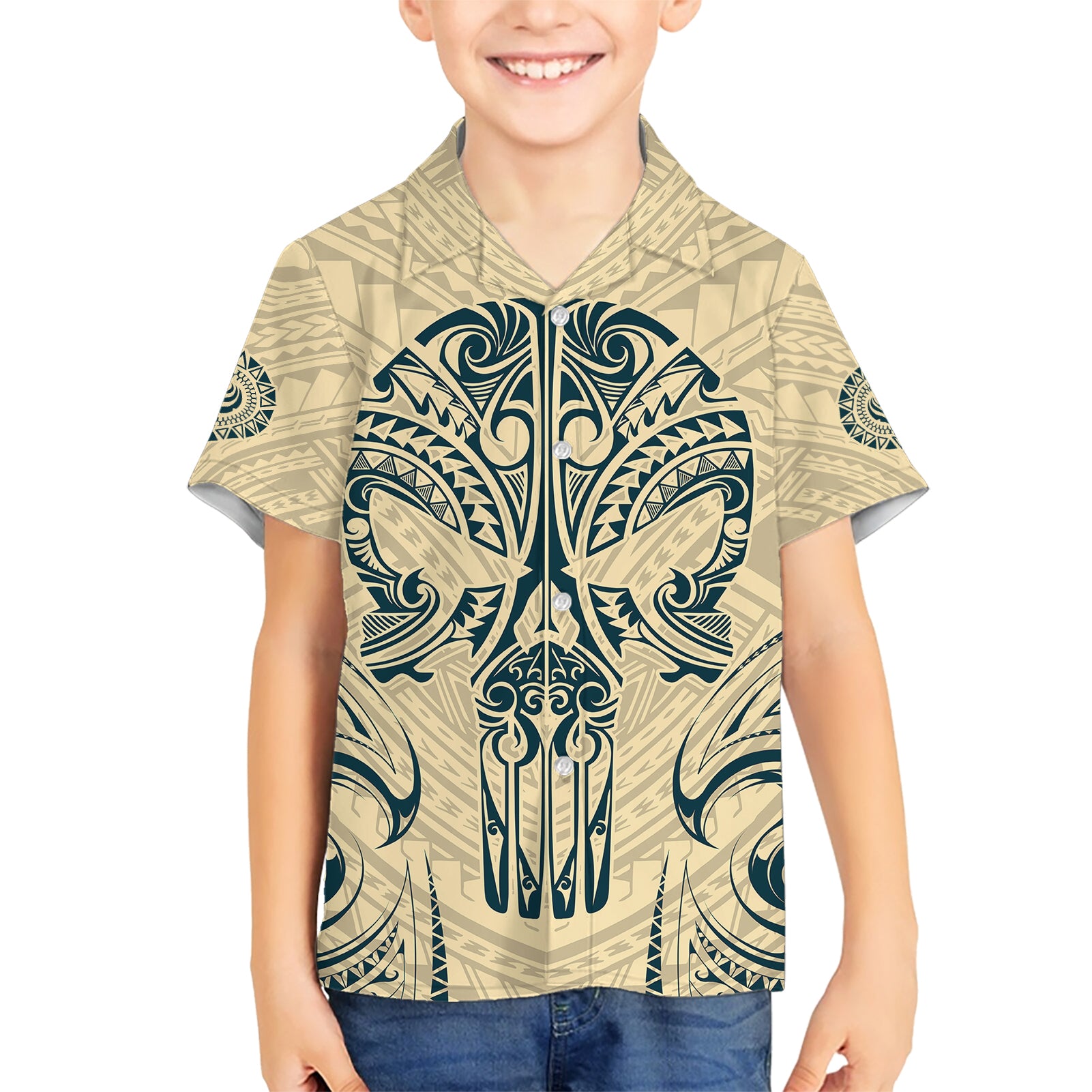 Polynesian Kid Hawaiian Shirt Warrior Skull with Tribal Patterns Tattoo Design - Wonder Print Shop