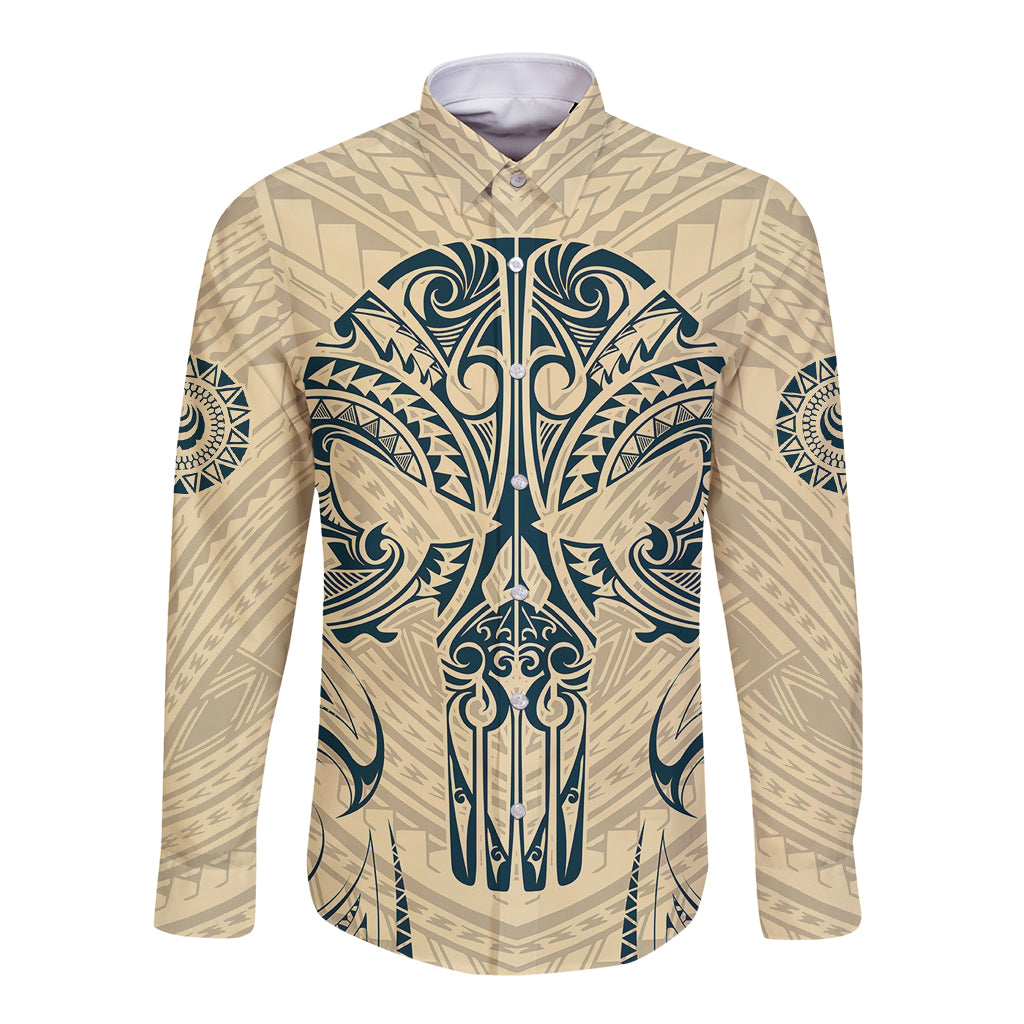 Polynesian Long Sleeve Button Shirt Warrior Skull with Tribal Patterns Tattoo Design - Wonder Print Shop