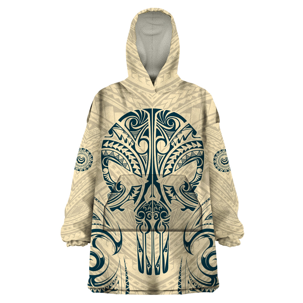 Polynesian Wearable Blanket Hoodie Warrior Skull with Tribal Patterns Tattoo Design - Wonder Print Shop