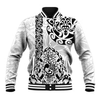 Unisex black-and-white baseball jacket with white tribal turtle graphic