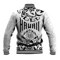 Unisex black-and-white baseball jacket with back “HAWAII” and tribal turtle design