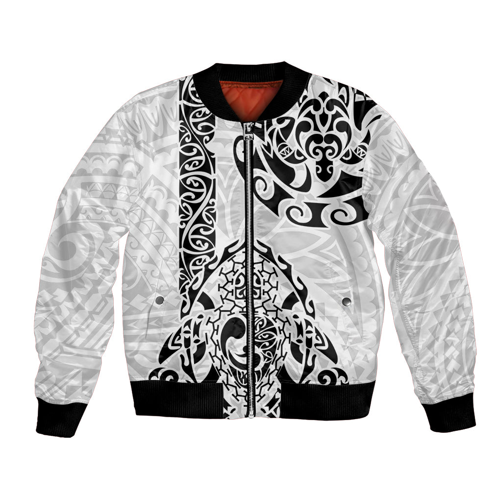 Black and white bomber jacket with zip front and large turtle-themed Polynesian print