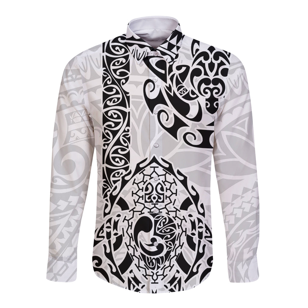 Long sleeve button shirt in black-and-white, Polynesian turtle front graphic