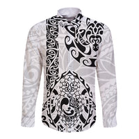 Long sleeve button shirt in black-and-white, Polynesian turtle front graphic