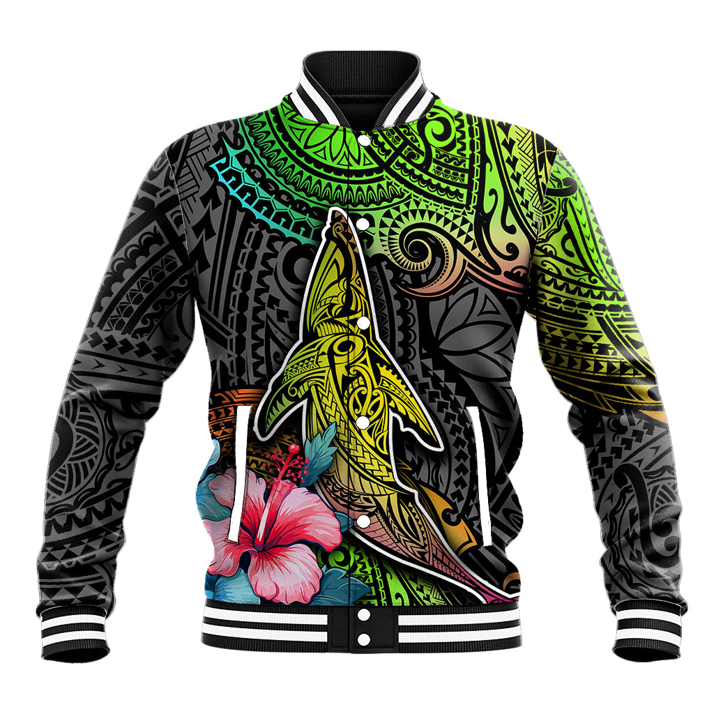 Unisex baseball jacket in black with green, blue, and pink whale-and-compass print