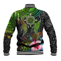 Unisex baseball jacket back view: black with green compass, whale, and hibiscus print
