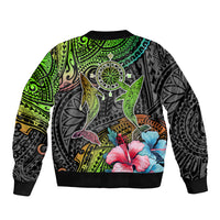Unisex bomber jacket with ribbed hem, whale and compass gradient pattern on dark fabric