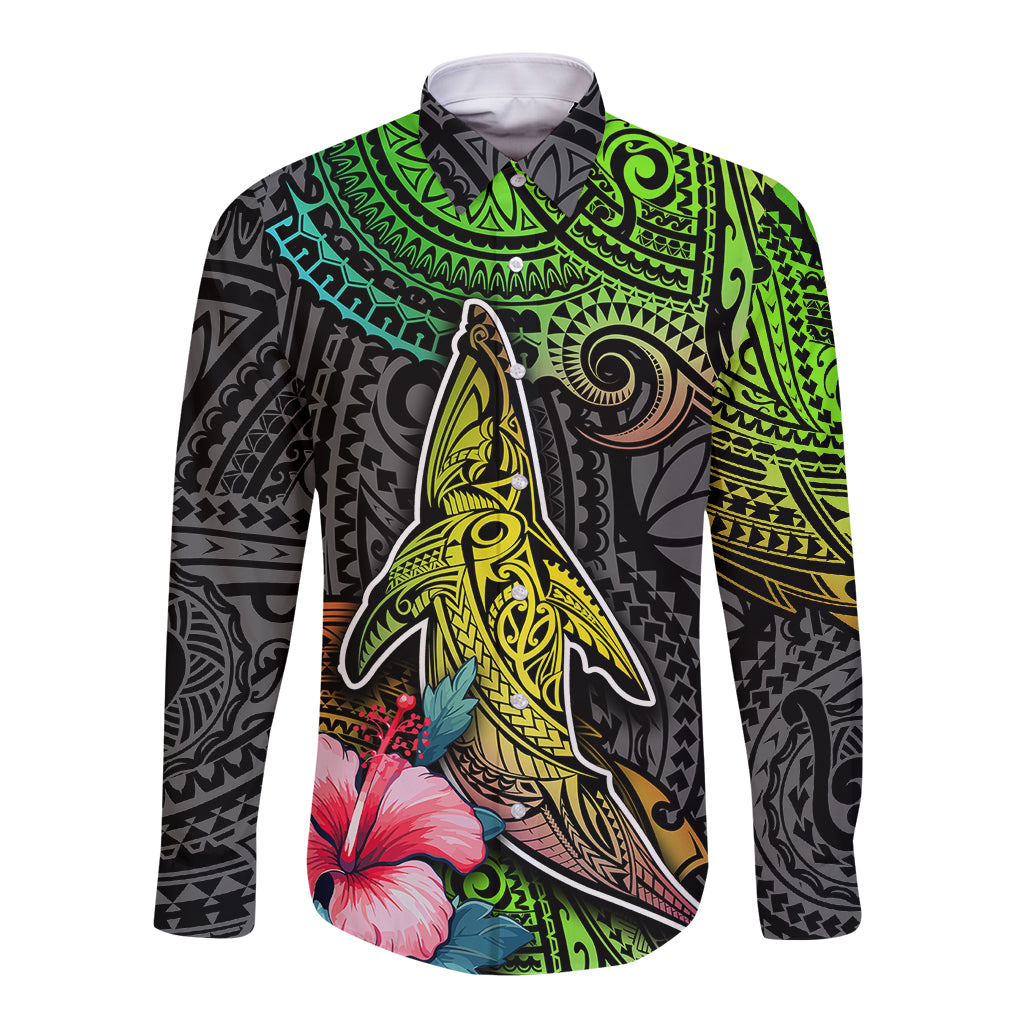 Long sleeve button shirt with whale, hibiscus flowers, and compass gradient pattern