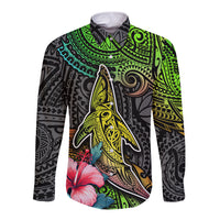 Long sleeve button shirt with whale, hibiscus flowers, and compass gradient pattern