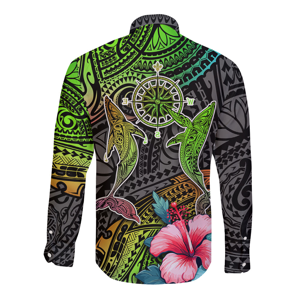 Long sleeve button shirt with compass wheel, whales, hibiscus flowers, and gradient pattern