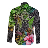 Long sleeve button shirt with compass wheel, whales, hibiscus flowers, and gradient pattern