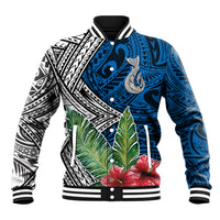 Unisex baseball jacket with blue, black, and white whale print and hibiscus flowers, ribbed trim