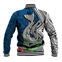Unisex baseball jacket with large whale and tribal patterns, palm leaves and flowers, ribbed collar