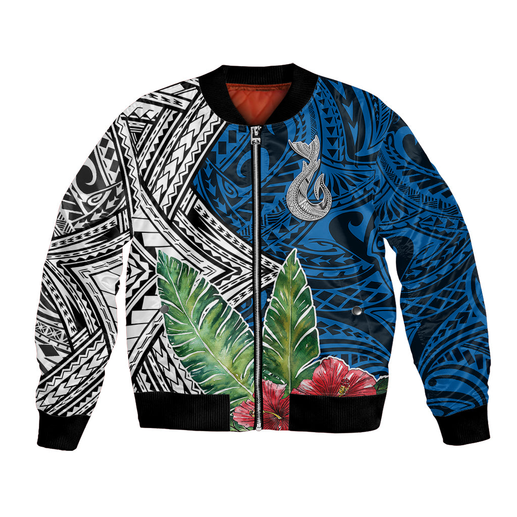 Unisex bomber jacket with multicolor whale and hibiscus floral print, zip front