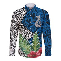Long sleeve button shirt with blue, black, white whale and floral print
