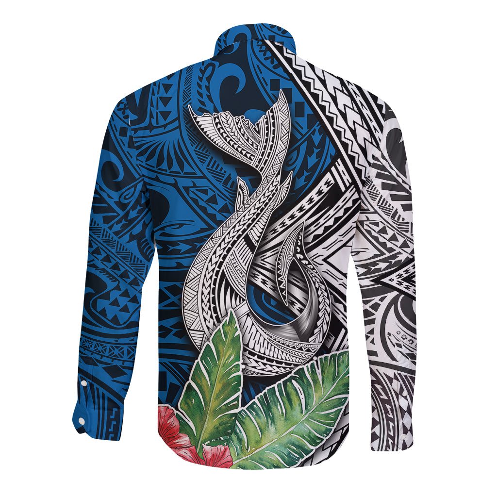 Long sleeve button shirt with blue and white whale, leaf, and geometric pattern