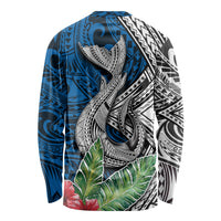 Unisex long-sleeve shirt with large whale motif and tropical leaves in blue and white