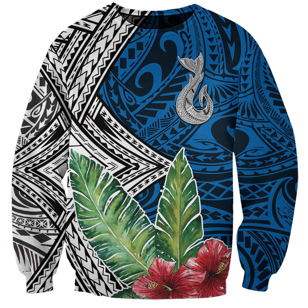 Unisex tropical sweatshirt with blue whale, hibiscus and green leaf print