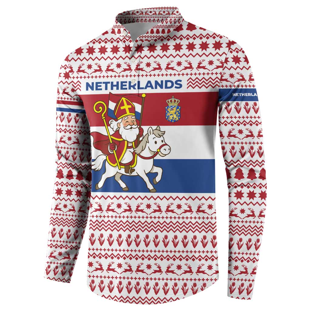 Netherlands Christmas Button Sweatshirt with Sinterklaas Horse Dutch Flag and Festive Knit Pattern - Wonder Print Shop