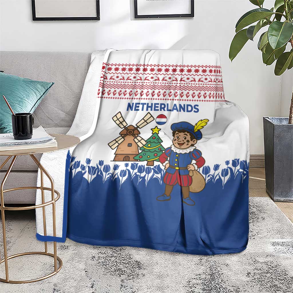Netherlands Christmas Blanket with Christmas Tree Windmill Piet Character and Tulip Pattern - Wonder Print Shop