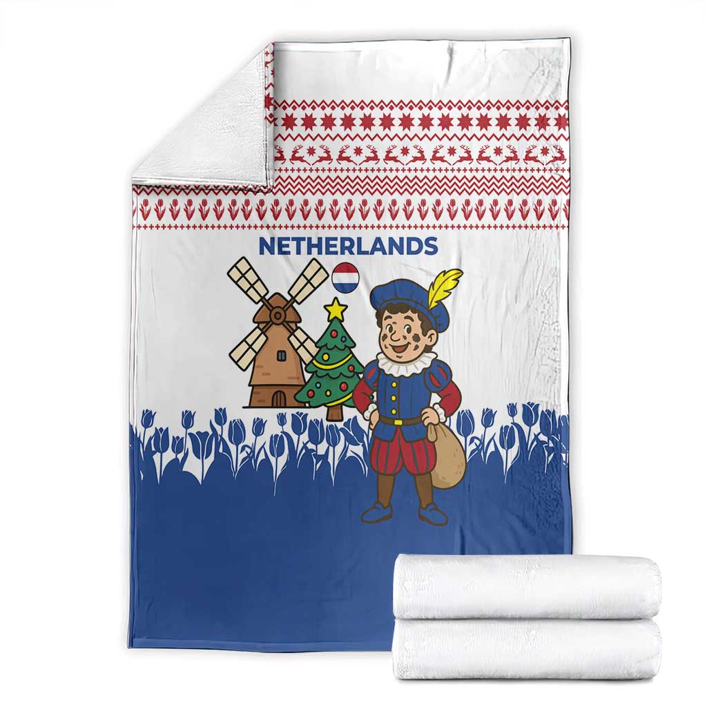 Netherlands Christmas Blanket with Christmas Tree Windmill Piet Character and Tulip Pattern - Wonder Print Shop