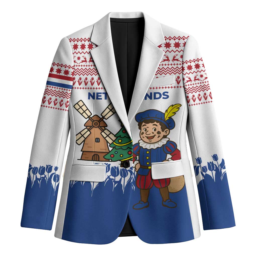 Netherlands Christmas Blazer with Christmas Tree Windmill Piet Character and Tulip Pattern - Wonder Print Shop