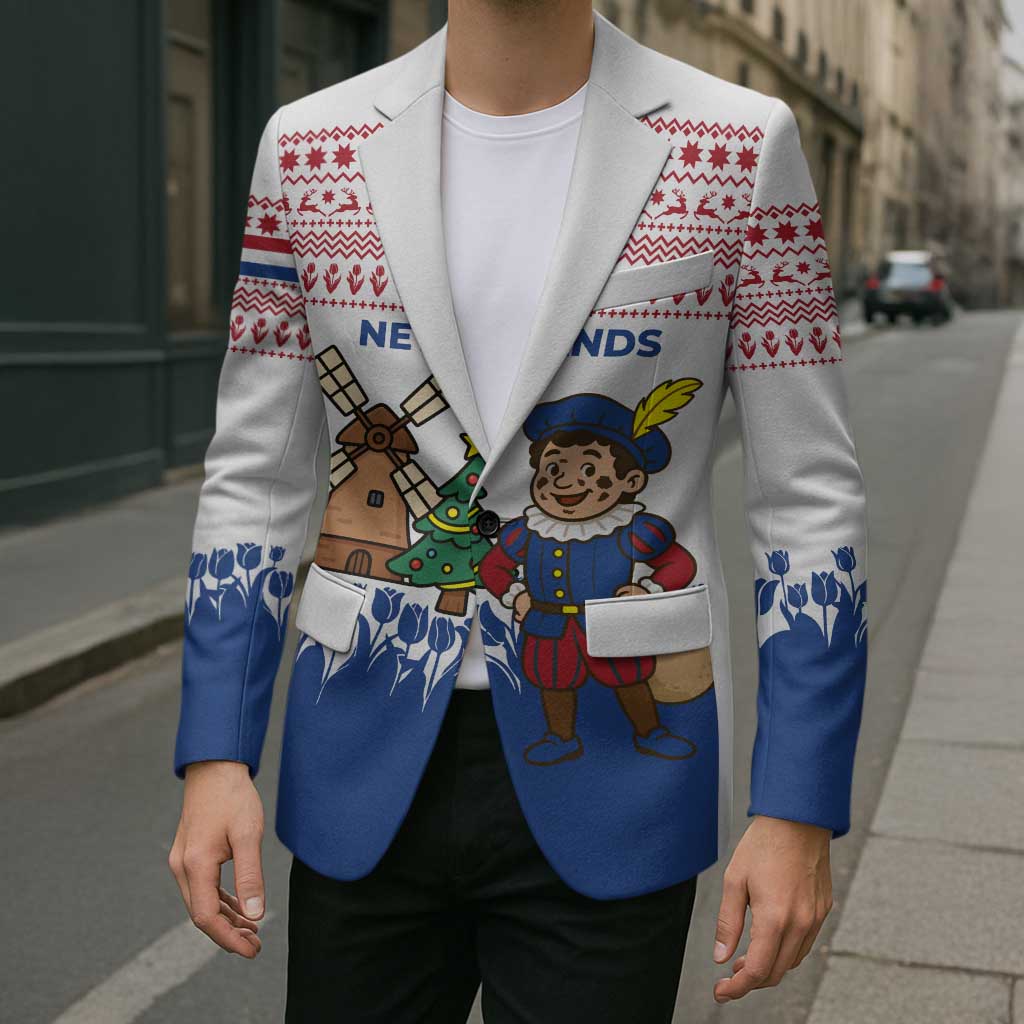 Netherlands Christmas Blazer with Christmas Tree Windmill Piet Character and Tulip Pattern - Wonder Print Shop